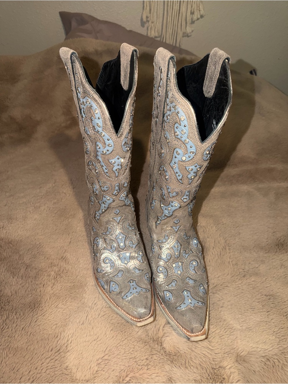 J.B. Dillon Bellflower Metallic Taupe Cowboy Boots with Light Blue Accents